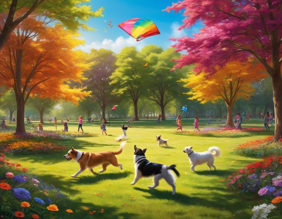 A joyful scene in a sunlit park filled with playful dogs and happy children engaging in fun activities like frisbee, fetch, and running. Colorful kites are soaring in the sky, while a cheerful family picnics nearby with their fuzzy pets. Vibrant flowers bloom around them, symbolizing happiness and togetherness. super-realistic. vibrant colors. nature background.