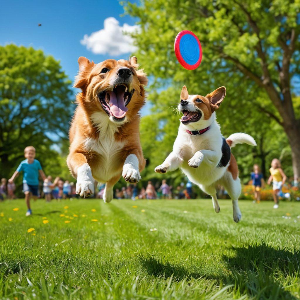 A joyful dog leaping through the air to catch a colorful frisbee in a sunny park, surrounded by happy children playing with various pets, like cats and rabbits, creating an atmosphere of excitement and playfulness. Include green grass, blooming flowers, and a bright blue sky, capturing a sense of adventure and connection between pets and their owners. vibrant colors. super-realistic. outdoor scene.