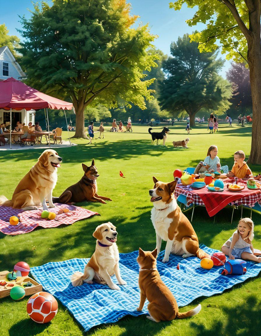 A heartwarming scene in a sunlit park featuring cheerful pets playing games with their families, showcasing dogs fetching balls, cats chasing butterflies, and children laughing. Include colorful toys like frisbees and ropes in the background, as well as a picnic setup with a checkered blanket. The atmosphere should evoke joy and connection between pets and their owners. vibrant colors. super-realistic.
